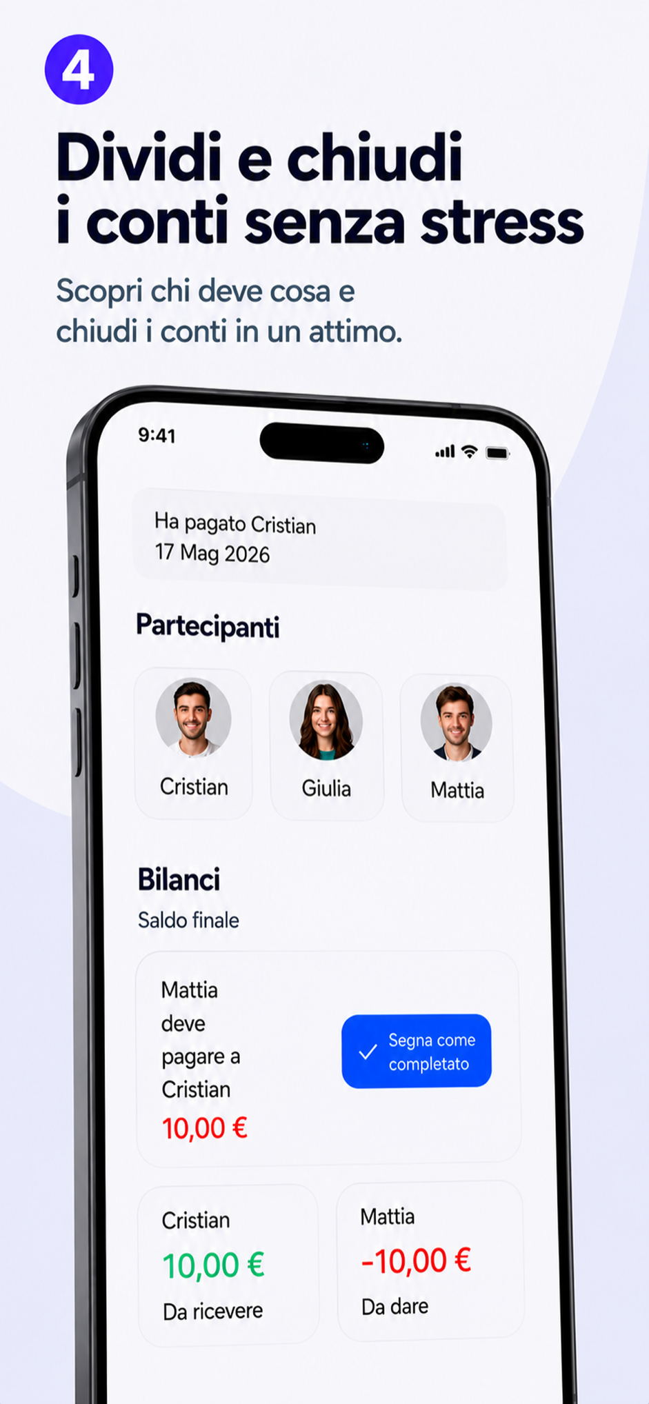 Schermata SharePay con bilanci finali